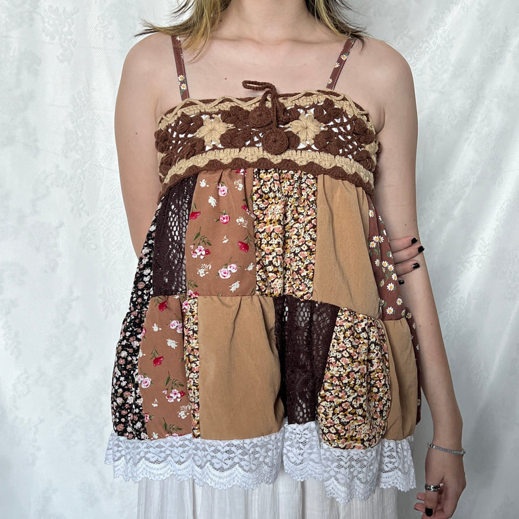 Brown Beige Crochet Patchwork Cami Top 1