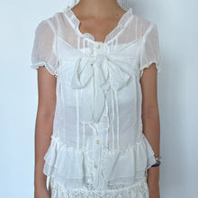 Load image into Gallery viewer, White Alice Tie Front Ribbon Mesh Short Sleeves Top
