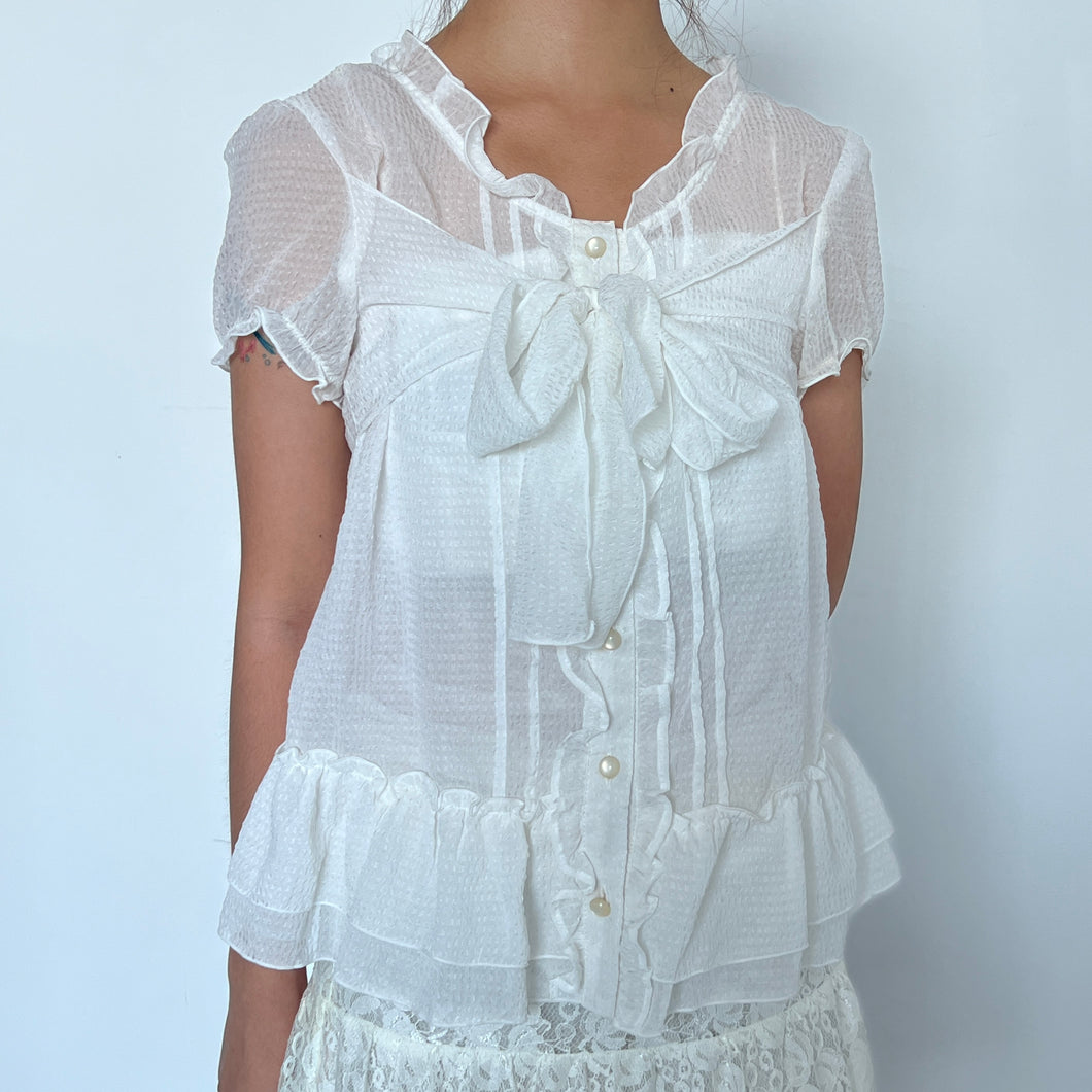 White Alice Tie Front Ribbon Mesh Short Sleeves Top