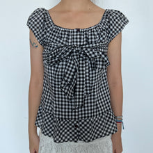 Load image into Gallery viewer, Black White Gingham Bow Tie Puff Short Sleeves Top
