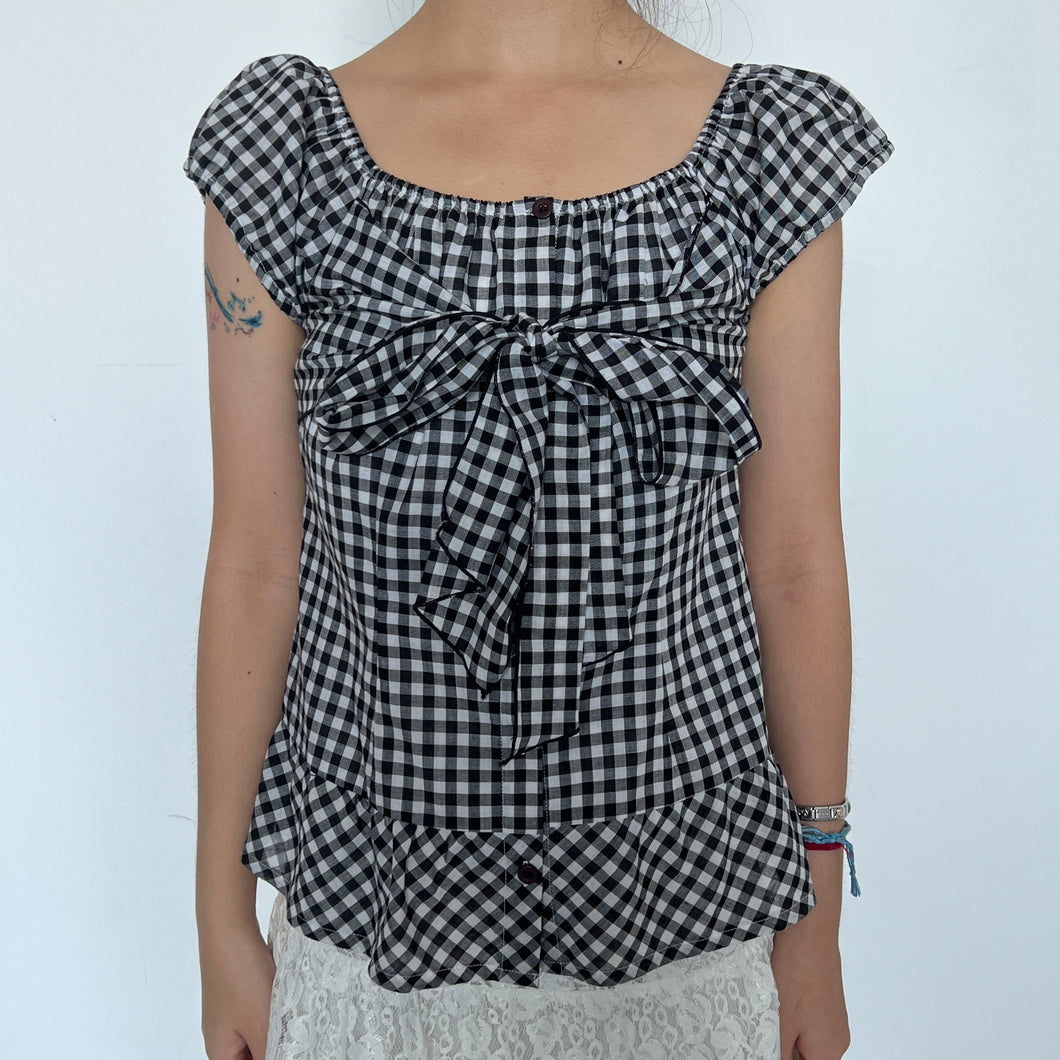 Black White Gingham Bow Tie Puff Short Sleeves Top