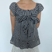 Load image into Gallery viewer, Black White Gingham Bow Tie Puff Short Sleeves Top
