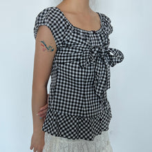 Load image into Gallery viewer, Black White Gingham Bow Tie Puff Short Sleeves Top
