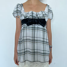 Load image into Gallery viewer, White Grey Plaid Mesh Black Bow Puff Short Sleeves Top
