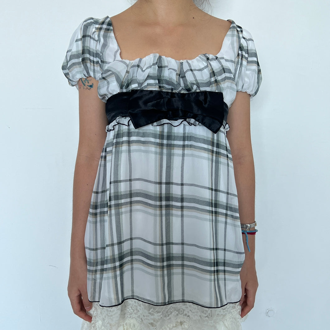 White Grey Plaid Mesh Black Bow Puff Short Sleeves Top