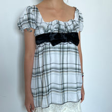 Load image into Gallery viewer, White Grey Plaid Mesh Black Bow Puff Short Sleeves Top
