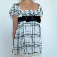 Load image into Gallery viewer, White Grey Plaid Mesh Black Bow Puff Short Sleeves Top
