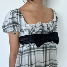 Load image into Gallery viewer, White Grey Plaid Mesh Black Bow Puff Short Sleeves Top
