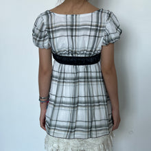 Load image into Gallery viewer, White Grey Plaid Mesh Black Bow Puff Short Sleeves Top
