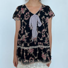 Load image into Gallery viewer, Black Mesh Pink Floral Tie Short Sleeves Top
