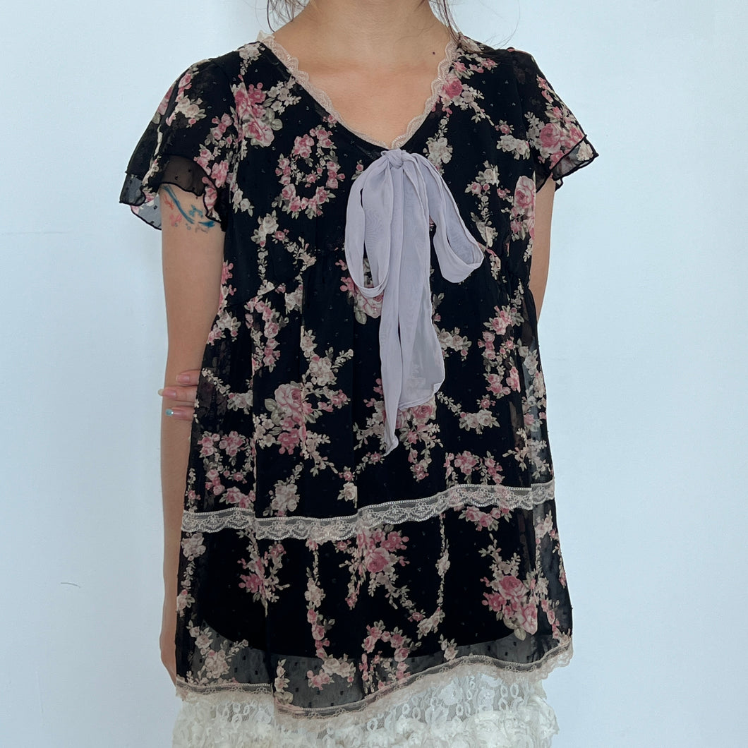 Black Mesh Pink Floral Tie Short Sleeves Top