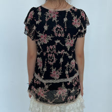 Load image into Gallery viewer, Black Mesh Pink Floral Tie Short Sleeves Top
