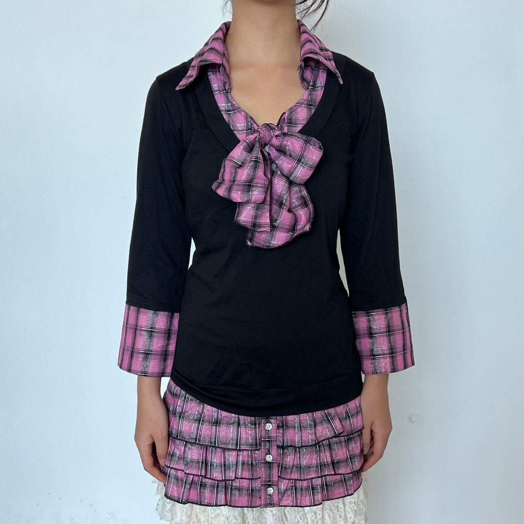 Black Cotton Pink Plaid Bow Long Sleeves Top