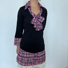 Load image into Gallery viewer, Black Cotton Pink Plaid Bow Long Sleeves Top
