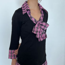 Load image into Gallery viewer, Black Cotton Pink Plaid Bow Long Sleeves Top
