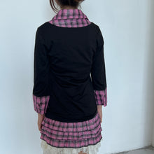 Load image into Gallery viewer, Black Cotton Pink Plaid Bow Long Sleeves Top
