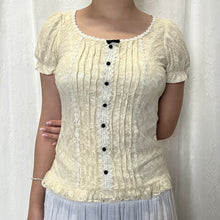 Load image into Gallery viewer, Cream Mesh Overlay Black Button Bow Top
