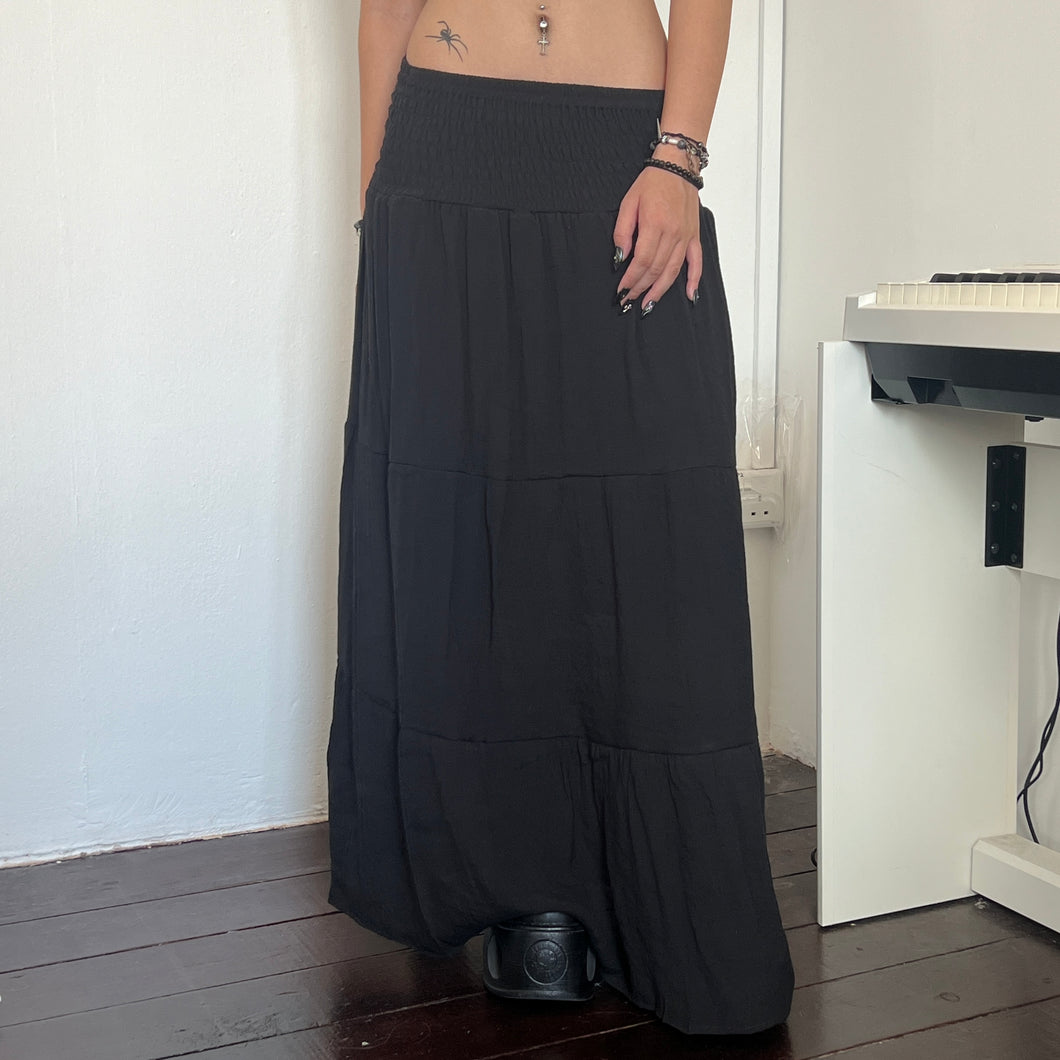 Black Soft Cotton Shirred Fairy Tier Long Maxi Skirt Dress