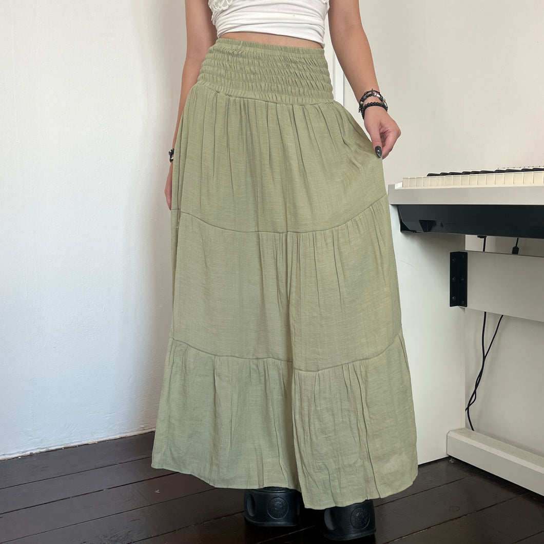 Green Soft Cotton Shirred Fairy Tier Long Maxi Skirt Dress