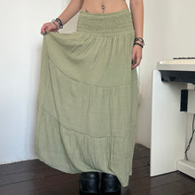 Load image into Gallery viewer, Green Soft Cotton Shirred Fairy Tier Long Maxi Skirt Dress
