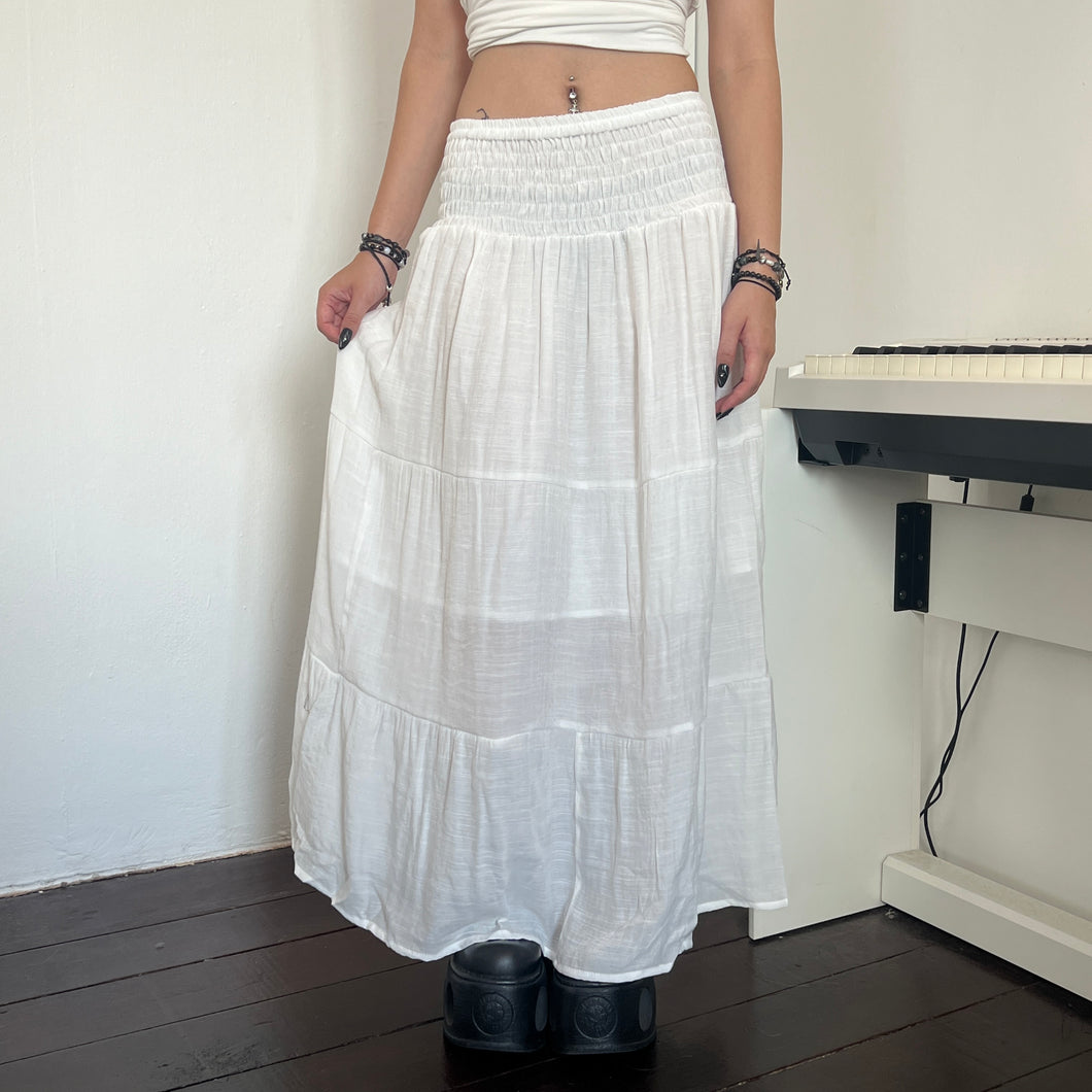 White Soft Cotton Shirred Fairy Tier Long Maxi Skirt Dress