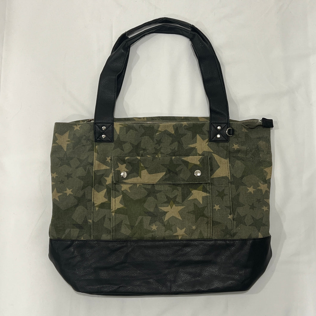 Green Beige Star Black Leather Tote Bag