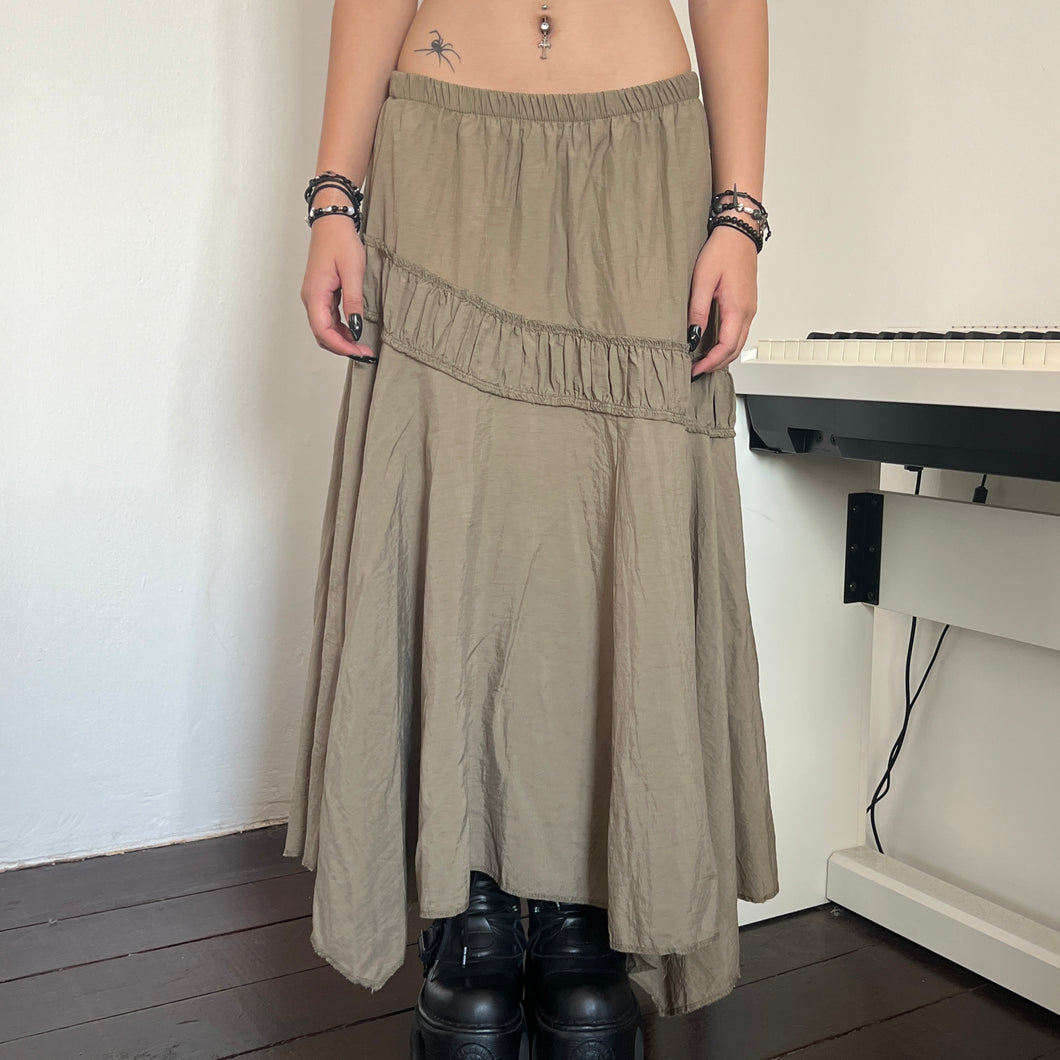 Grunge Green Ruched Assymetrical Long Maxi Skirt