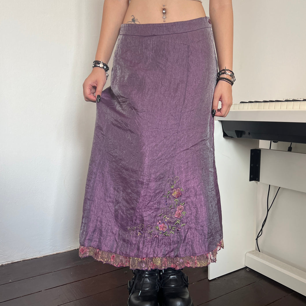 Oriental Purple Shimmer Organza Floral Bottom Long Maxi Skirt