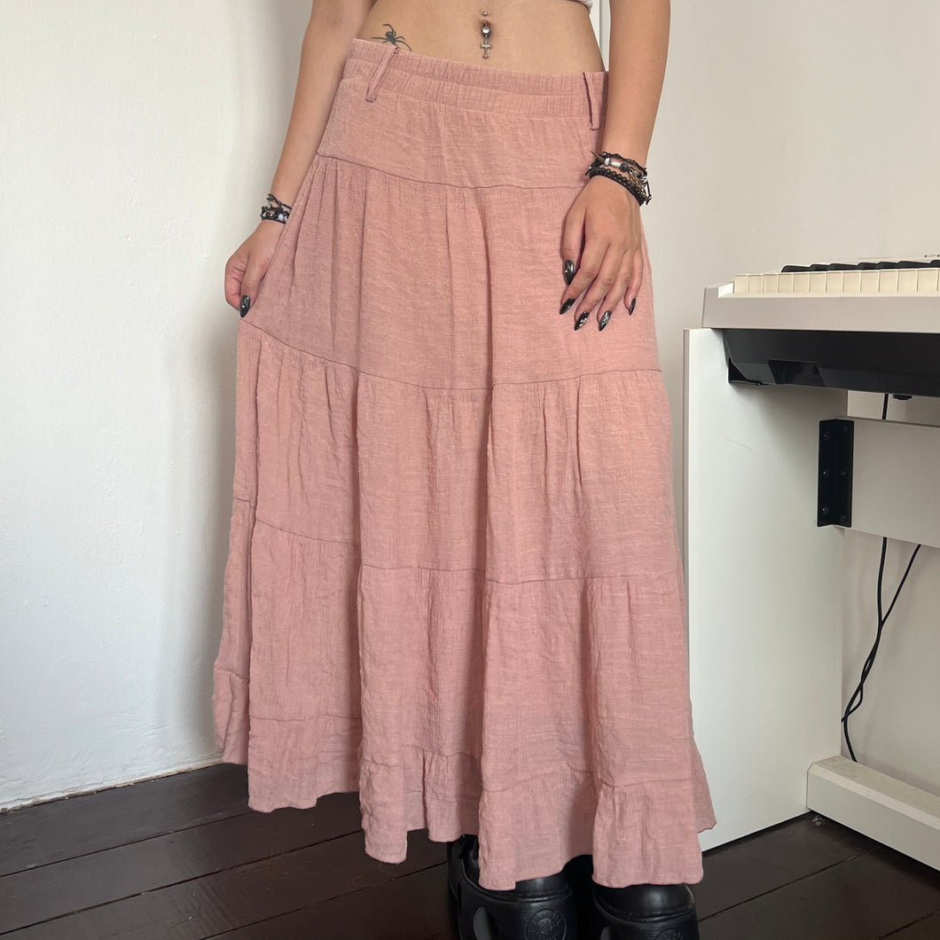 Light Pink Soft Cotton Tier Long Maxi Skirt