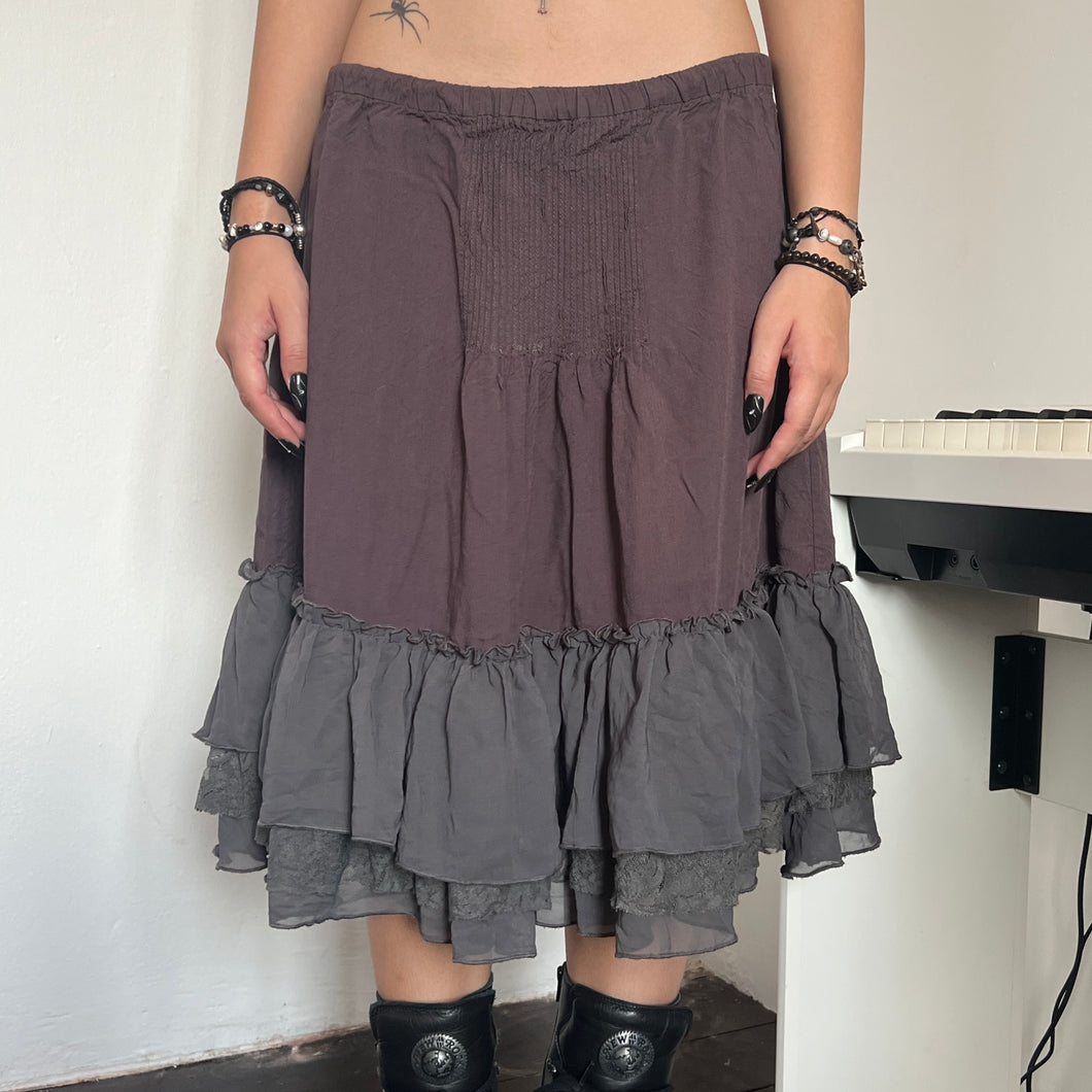 Brown Fairycore Grey Mesh Ruffles Drawstring Midi Skirt