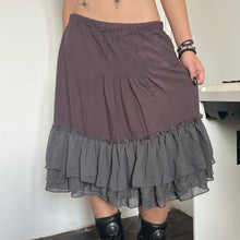 Load image into Gallery viewer, Brown Fairycore Grey Mesh Ruffles Drawstring Midi Skirt
