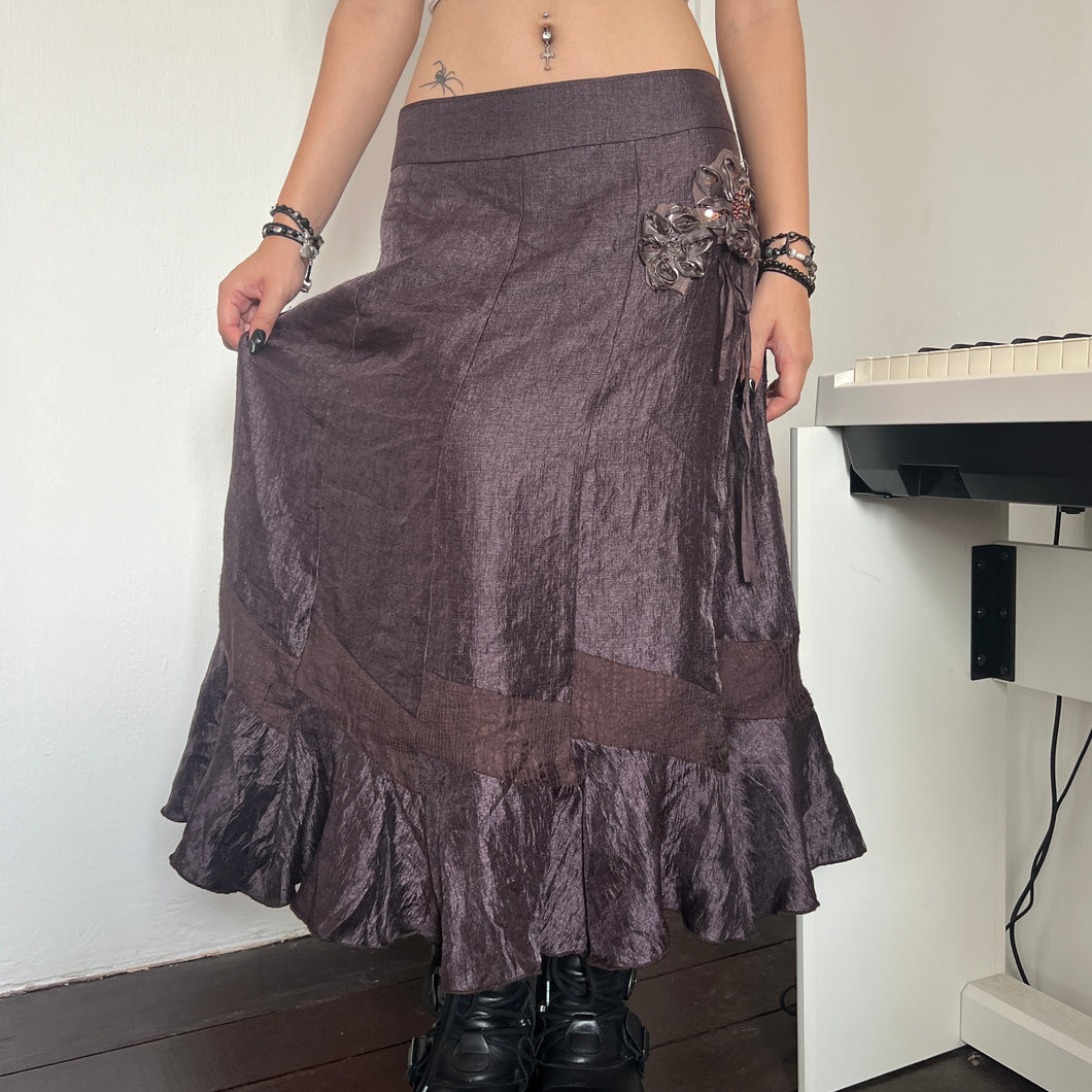 90s/00s Brown Purple Organza Panels Flower Long Maxi Skirt