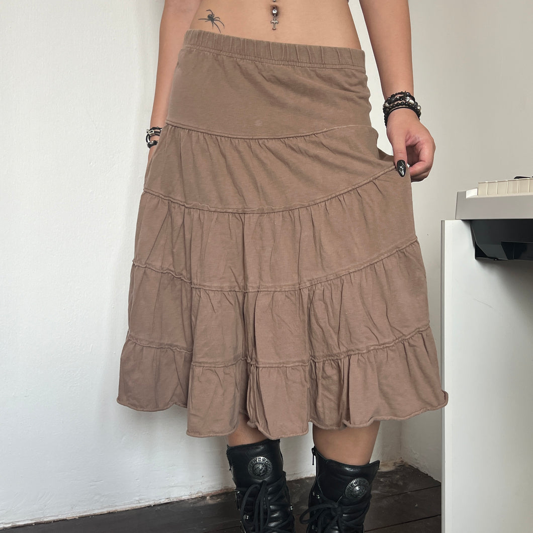 Soft Brown Cotton Tier Midi Skirt