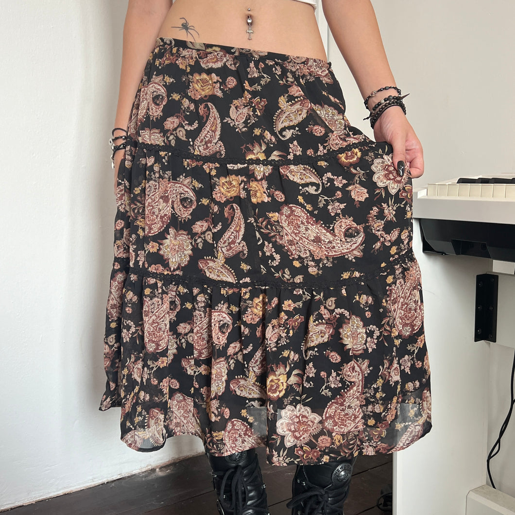 Black Hippie Mesh Tier Long Maxi Skirt