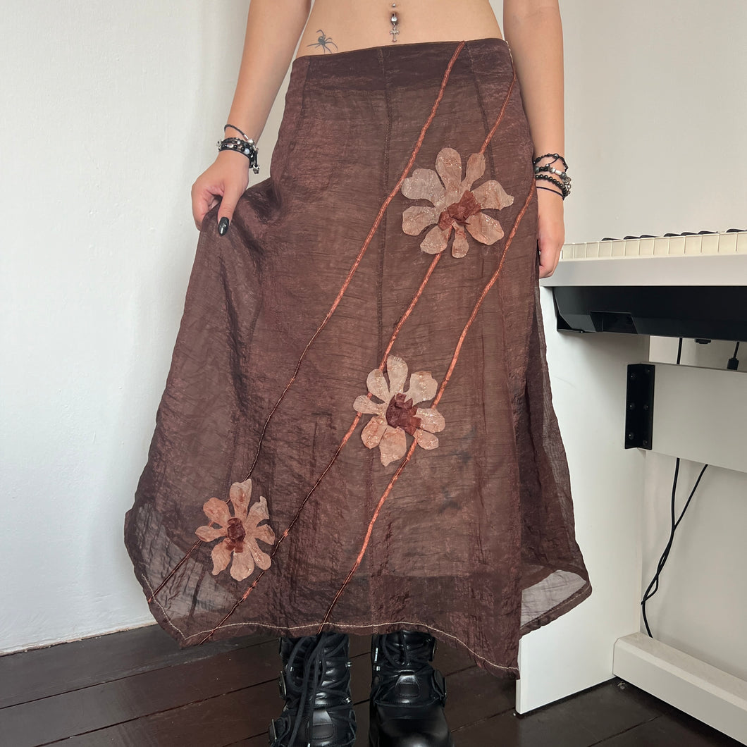 Brown Floral Organza Assymetrical Panels Long Maxi Skirt