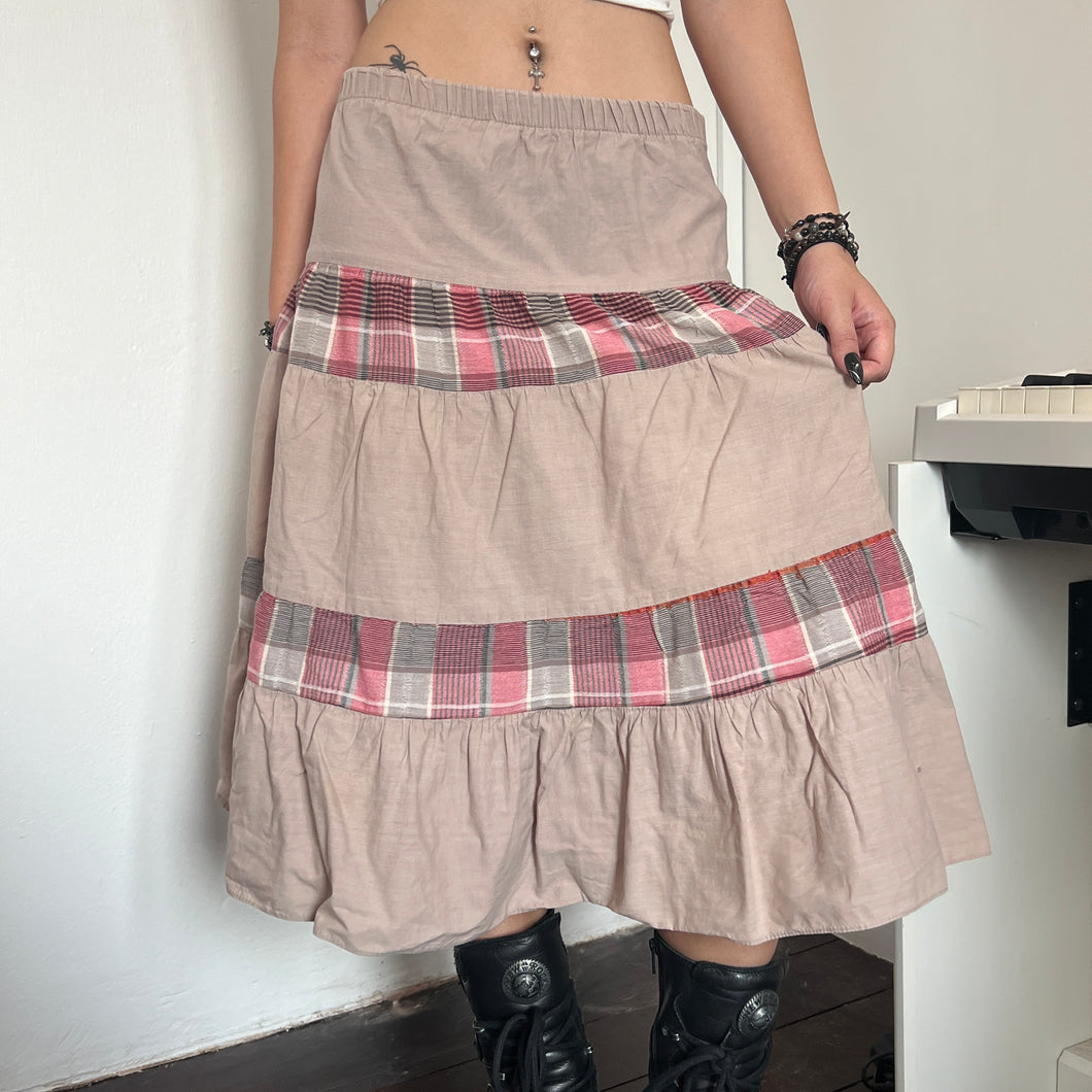 Brown Tier Red Grey Plaid Long Maxi Skirt