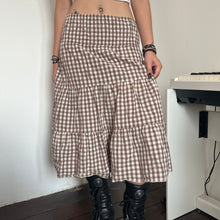 Load image into Gallery viewer, Brown Gingham Shirred Tier Long Maxi Skirt
