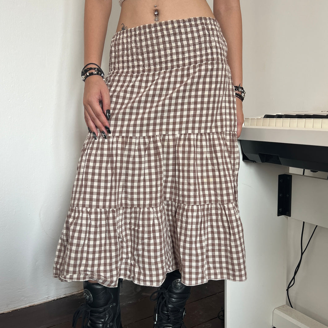 Brown Gingham Shirred Tier Long Maxi Skirt