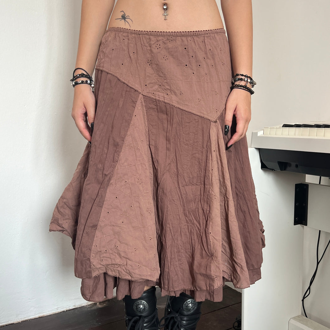 Brown Duo Eyelet Assymetrical Long Maxi Midi Skirt