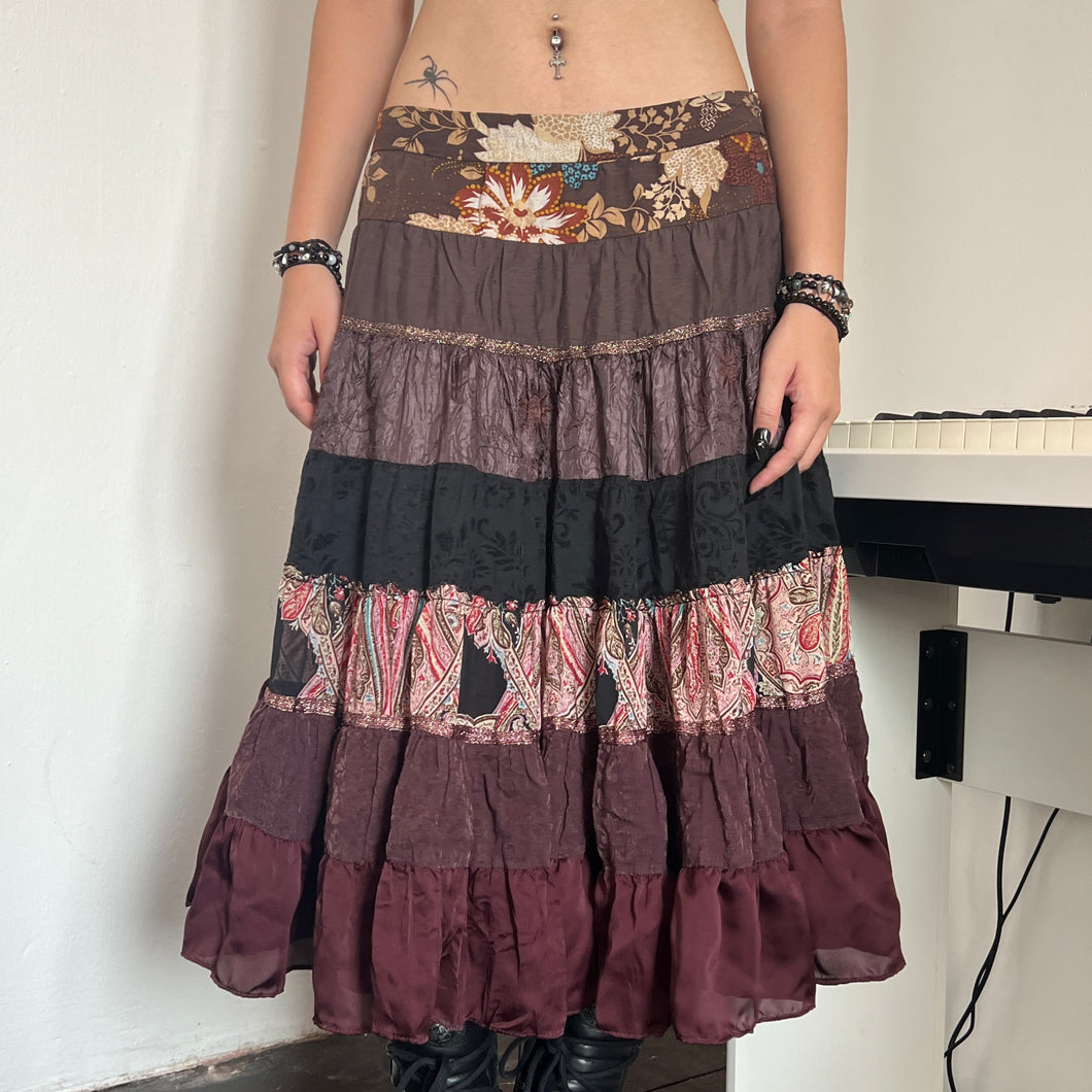 Brown Burdundy Fairy TIer Long Maxi Skirt