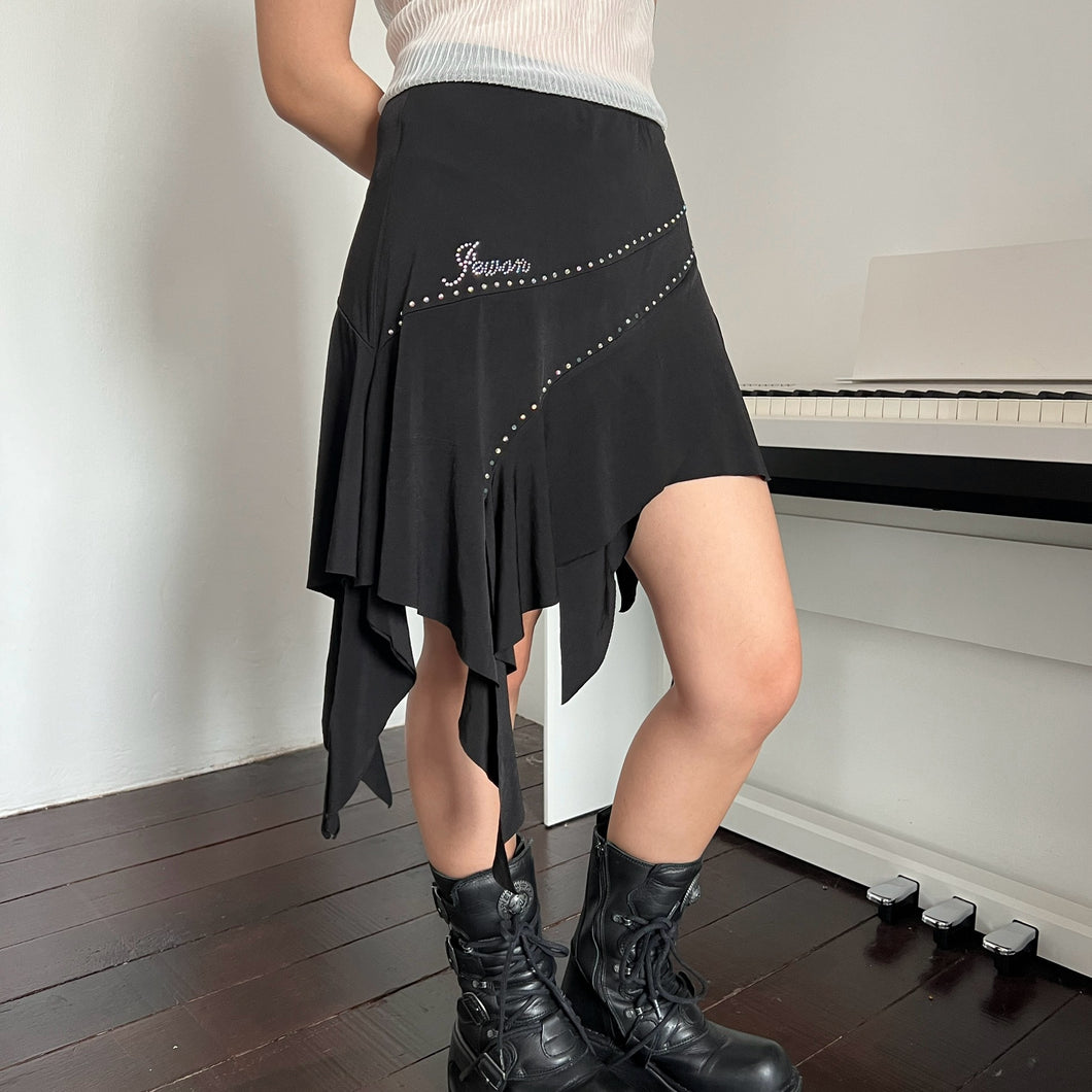 Black Rhinestone Asymmetrical Mini Skirt