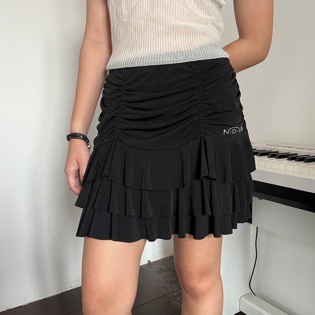 Black Nylon Ruched Tier Mini Skirt