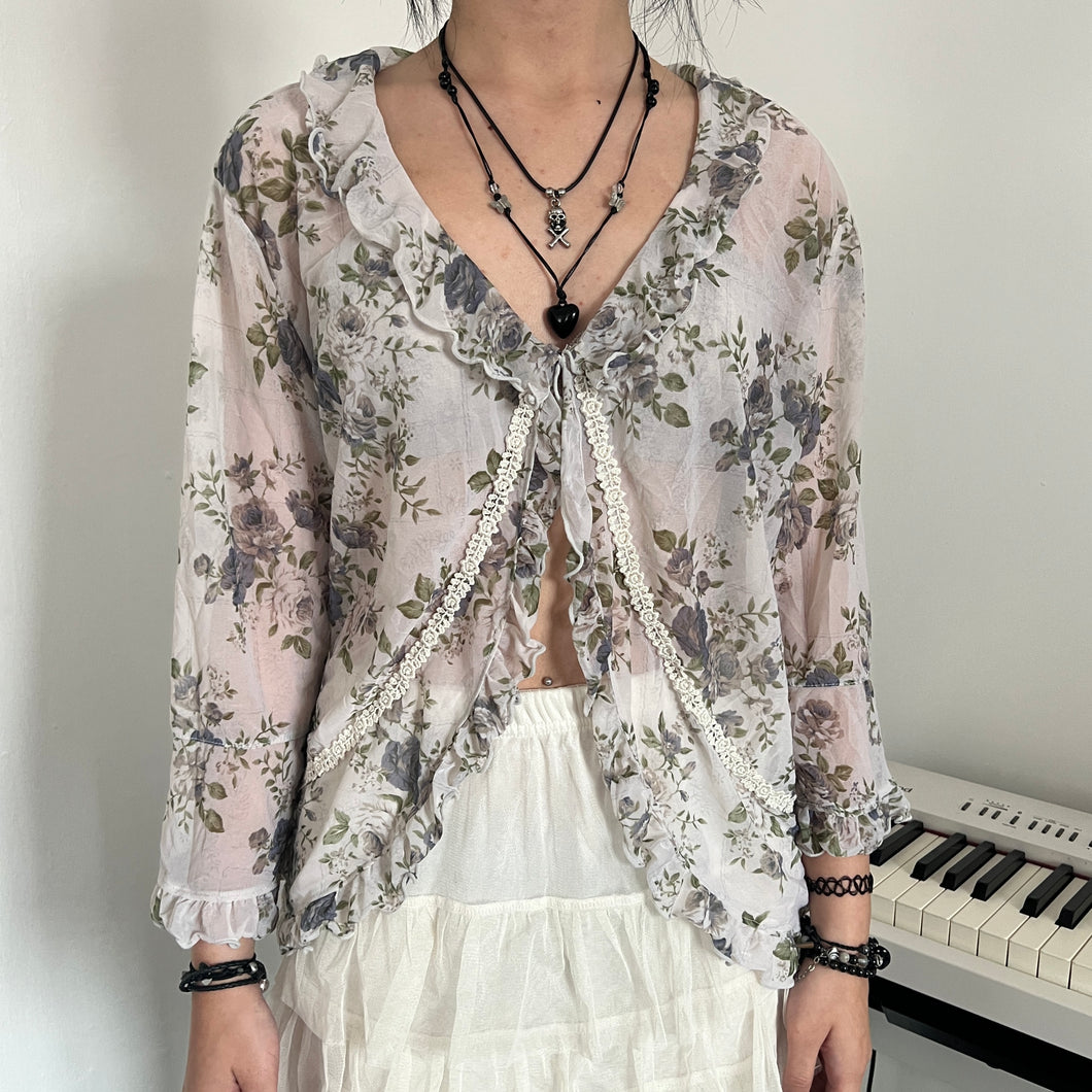 Grunge Grey Floral Lace Ruffles Fairy Top