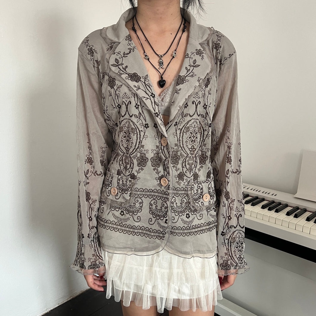 Grey Brown Japanese Mesh Long Sleeves Top