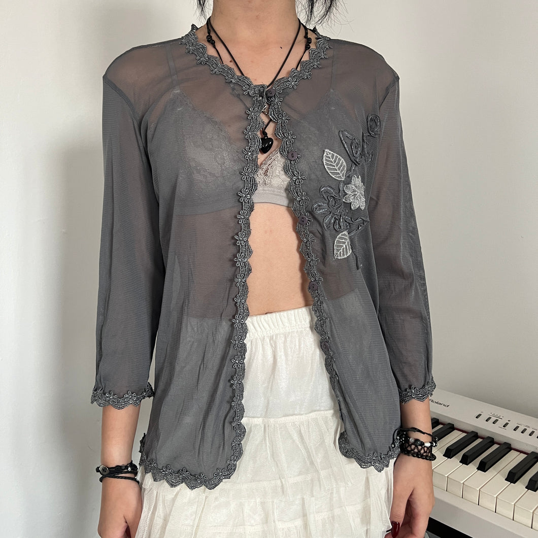 Grey Floral Lace Mesh Button Cardigan Top