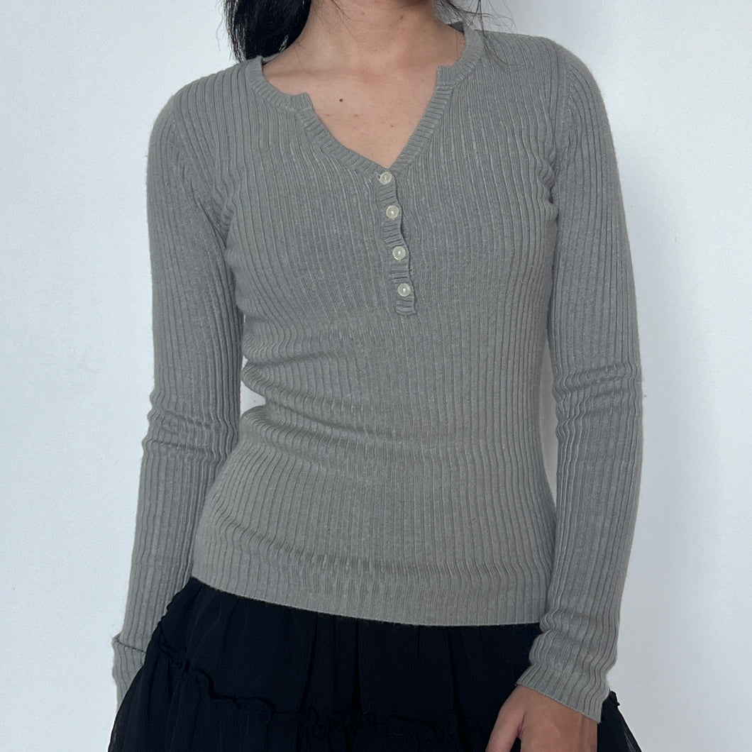 Grey Ribbed Fitting Quarter Button-Up Henley Sweater Top