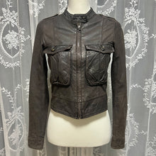 Load image into Gallery viewer, Grey Leather Crop Biker Long Sleeve Jacket
