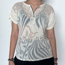 Load image into Gallery viewer, Cream Quarter-Zip Floral Textured Mesh Short Sleeve Top
