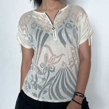 Load image into Gallery viewer, Cream Quarter-Zip Floral Textured Mesh Short Sleeve Top
