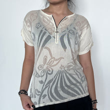 Load image into Gallery viewer, Cream Quarter-Zip Floral Textured Mesh Short Sleeve Top
